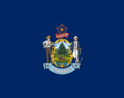 The flag of Maine featuring the state seal, which includes a pine tree, a moose, and two figures representing agriculture and maritime heritage, set against a blue background.