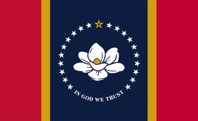 Flag of Mississippi featuring a magnolia flower within a circle of stars, with 'IN GOD WE TRUST' beneath it.
