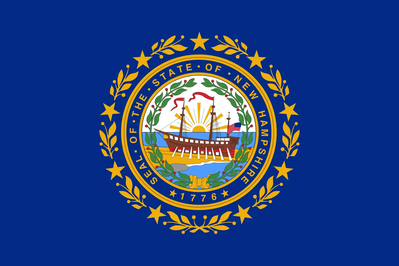 Flag of New Hampshire featuring the state seal, which includes a ship, laurel wreath, and the year 1776, all set against a blue background.