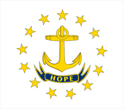 The flag of Rhode Island featuring a gold anchor surrounded by 13 stars and a blue ribbon with the word 'Hope'.