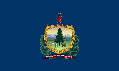 Flag of Vermont featuring the state seal with a green tree, a cow, and mountains, set against a blue background.